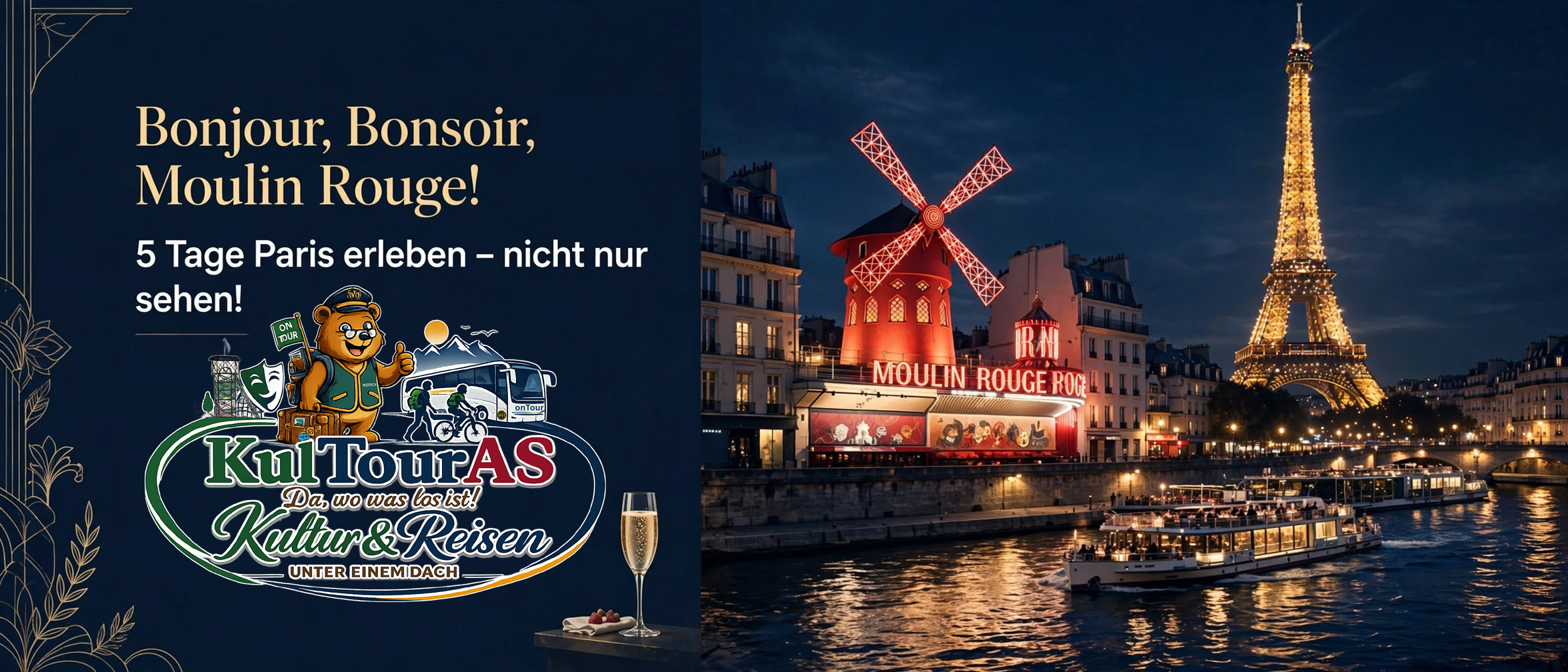 Paris ist mehr als Eiffelturm und Louvre. Paris ist Lebensgefühl. Mit Dinner-Cruise auf der Seine, Champagner, Gourmet-Menü und der legendären Show im Moulin Rouge.